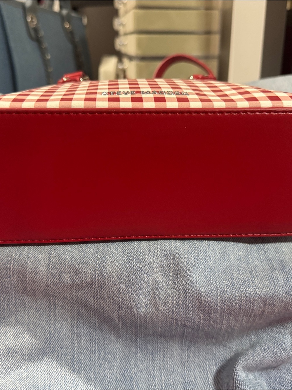 Steve Madden Red Gingham Satchel with Green Charm Bfayth crossbody with strap - Picture 5 of 10